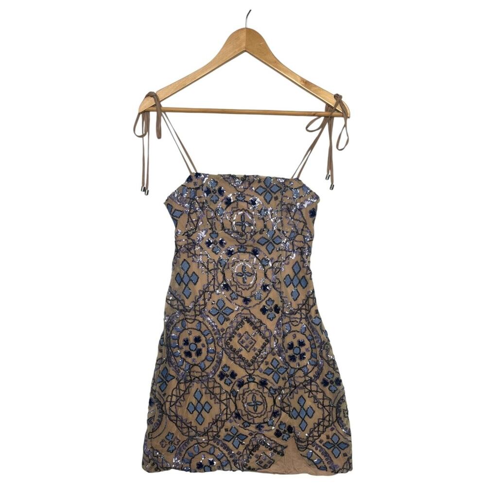 Free People Dress Womens 2 Blue Tan Sequin Mini Boho Festival Party Mesh HOCO